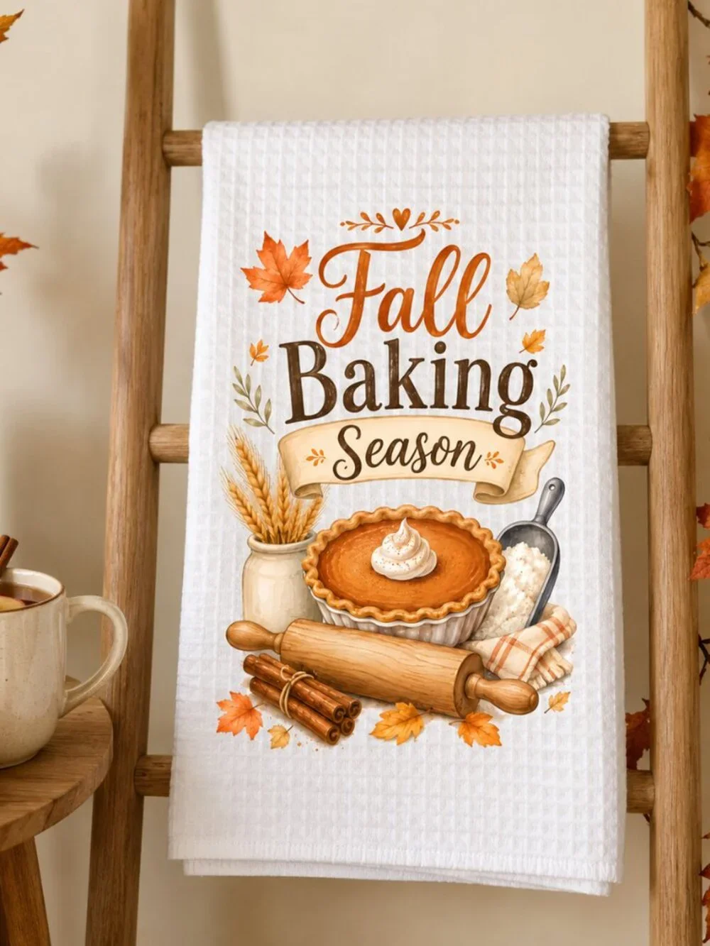 Fall Baking Season Kitchen Towel, Pumpkin Pie Tea Towel, Fall Dish Towel